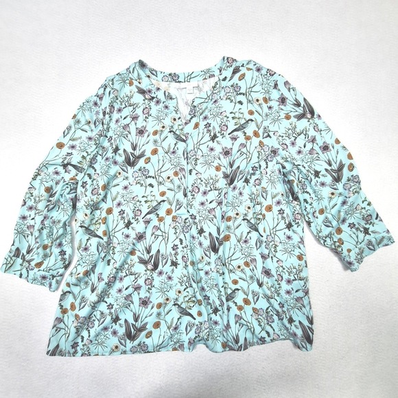 J. Jill Tops - J. Jill Blouse Womens 2X Blue Floral Bird Botanical Split Neck Tunic Top Boho